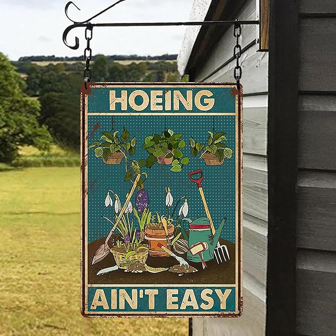 2Pcs Funny Garden Sign Gardening Because Murder Is Wrong Hoeing Ain't Easy Vintage Tin Plate Signs Garden Decor for Outside Yard, Backyard, Patio, Porch and Home Garden 8x12 Inch