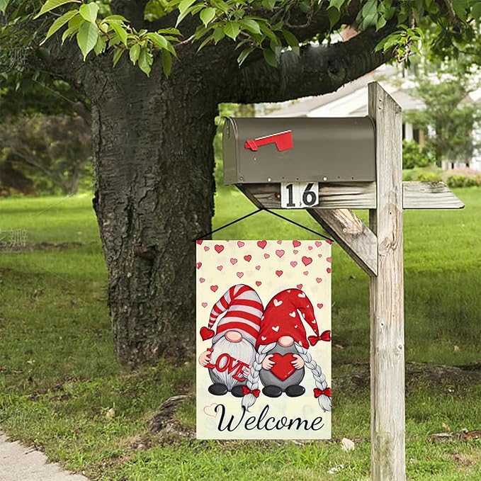 12x18 Inch Valentines Day Garden Flag Double Sided, Lovely Gnomes Yard Flag for Outdoor Decoration