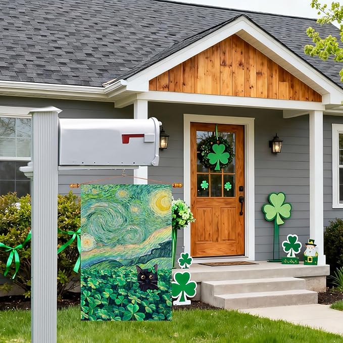 Shamrocks Clovers Cat Oil Painting Starry Night Sky Moon St. Patrick's Day Garden Flag 12x18 Inch Double Sided Small Mini Yard Flag Outdoor Outside Holiday Party Decoration