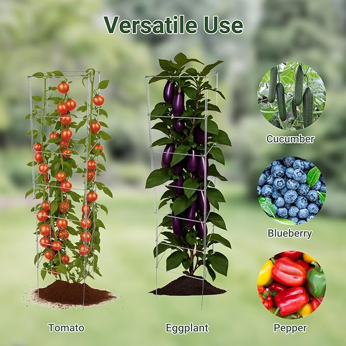 Metal Foldable Tomato Cages 13" x 56", Square Tomato Cages Plant Support for Vegetable Garden, Heavy Duty Tall Tomato Cages for Beans, Tomatos, Cucumbers - 2 Pack