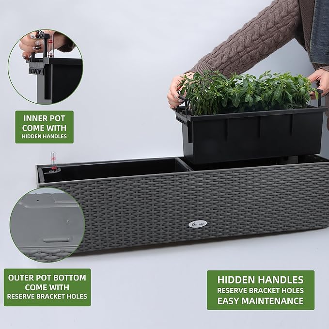 Dexceder 31.5 Inch Rattan Self Watering Planter Indoor Outdoor, Thickened Large Rail Flower Plant Pot Window Box with Water Level Indicators & Bracket (Deep Gray)