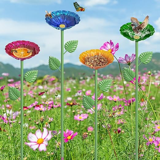 4Pcs Bee Watering Station, 4.13" Butterfly Bee Bath Bowl, Metal Colorful Flower Shaped Pollinator Watering Station Bee Waterer Bird Feeder for Outdoor Garden Decor (Red,Green,Blue,Yellow)