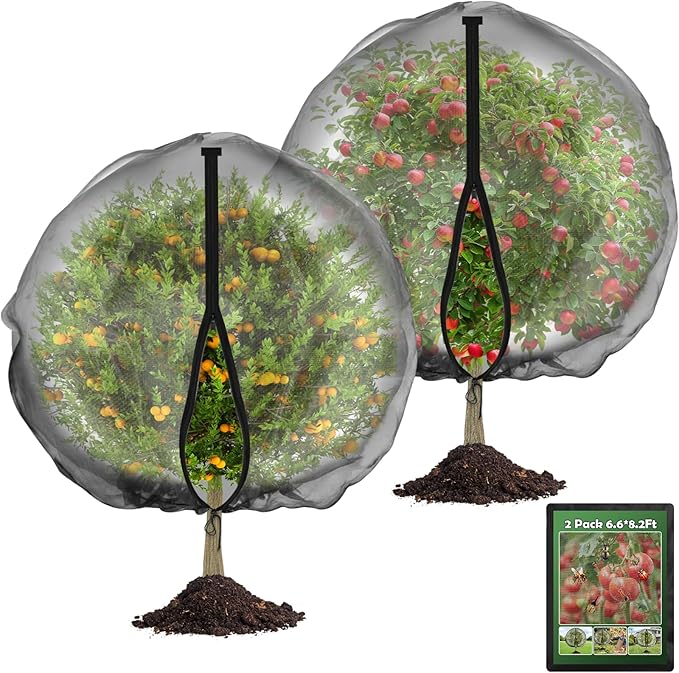 2 Pack Fruit Tree Netting with Zipper and Drawstring, 6.6 x 8.2 Ft Bird Mesh Net Barrier Blueberry Netting for Bushes, Garden Plant Protection Net Cover for Apple Trees Vegetables Fruits
