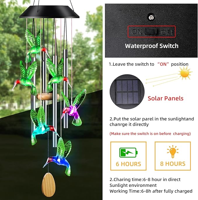 Wind Chimes,Hummingbird Solar Wind Chimes for Outside,Aluminum Tubes Memorial Wind Bell for Garden/Patio Decor Thanksgiving Gifts for Mom, Wife, Grandma Neighbors(25 Inch Deep Tone)
