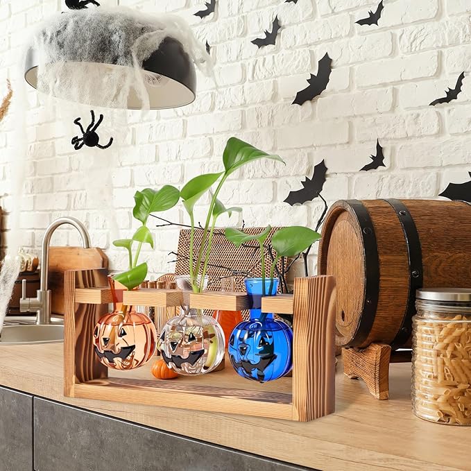 Mimorou Plant Propagation Stations Plant Terrarium with Wooden Stand Hydroponics Glass Vase Planter for Home Office Garden Table Decoration(Pumpkin)