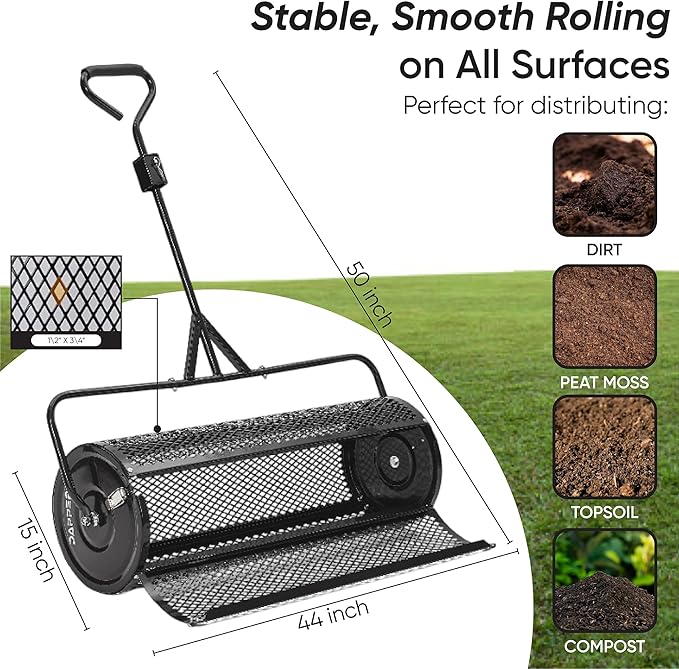 Compost Spreader 44 Inch Towable Peat Moss Spreader, Heavy Duty Rust-Resistant Steel Frame Roller Lawn Spreader for Top Soil, Manure, Mulch, Top Dressing - Garden Spreaders for Lawns