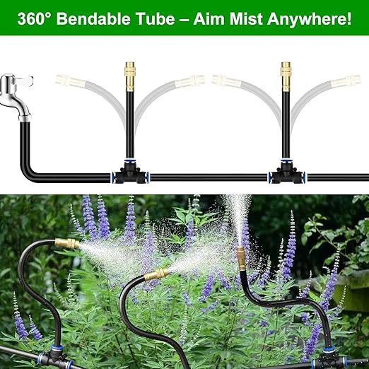 100FT Drip Irrigation System for Garden – Automatic Watering Kit with Solid Brass Metal Connectors, 360° Bendable Tubing &40 Adjustable Nozzles for Greenhouse, Lawn, Yard & Plants