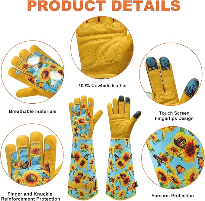 DLY Gardening Gloves for Women, Rose Gloves Gardening Thorn Proof, Long Garden Gloves for Women, Breathable Cowhide Leather Gauntlet (X-Large, Blue)