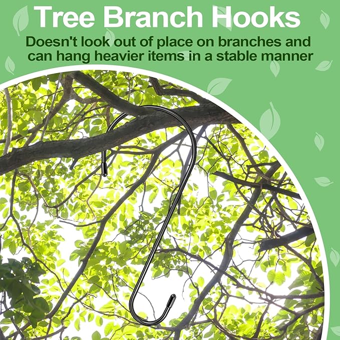 4 Pack 14 Inch Tree Branch Hooks, Extra Large S Hooks for Bird Feeder, Heavy Duty Long S Hook for Hanging Plants, Basket, Lanterns, Patio,Indoor Outdoor Uses(Black)