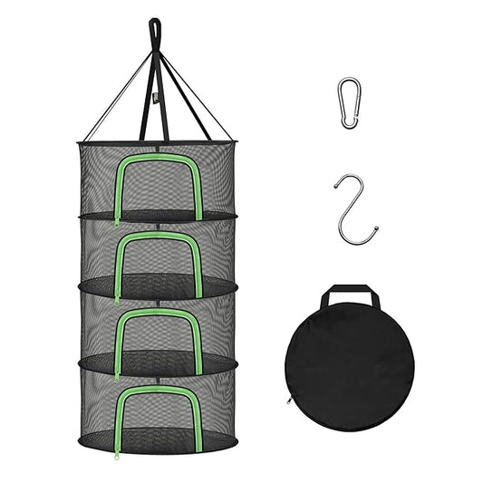 YSSOA Herb Drying Rack Hanging 4 Layer 24'' with U-Zippers & Hook, Dry Mesh Folding Basket Dryer for Plants, Herbs and Buds in Grow Tent, Closet, Hydroponics, Garden Outdoor