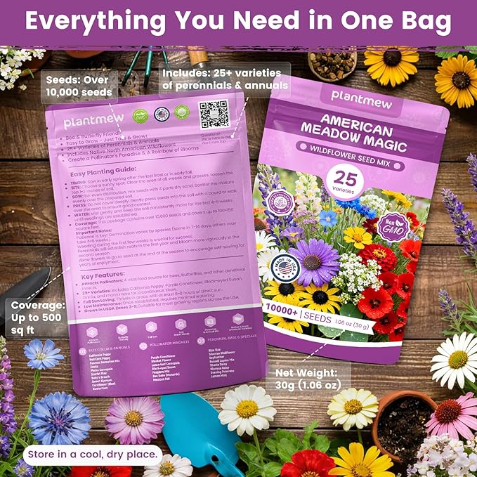 Wildflower Seeds Bulk Mix - 10,000+ Non-GMO Perennial & Annual Seeds - Texas, California & Florida Native Wildflower Seeds for Hummingbirds, Butterflies, & Cut Flowers - Cosmos, Throw and Grow