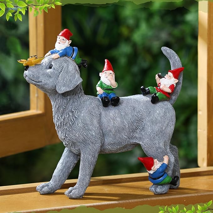 Chunful Dog and Gnome Garden Statues for Outside Decor with Butterfly Funny Yard Decorations Home Indoor Outdoor Patio Lawn Ornaments Housewarming Birthdays Gifts for Women Mom Grandma, 10.62 Inch