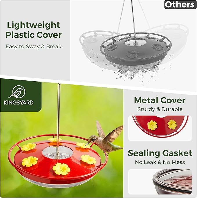 Kingsyard 12 oz Hummingbird Feeder with Rain Guard Dome, Leak-Proof Saucer Nectar Feeder for Outdoors Hanging, Built-in Ant Moat & 6 Bee-Proof Ports, Easy to Refill & Clean, Red