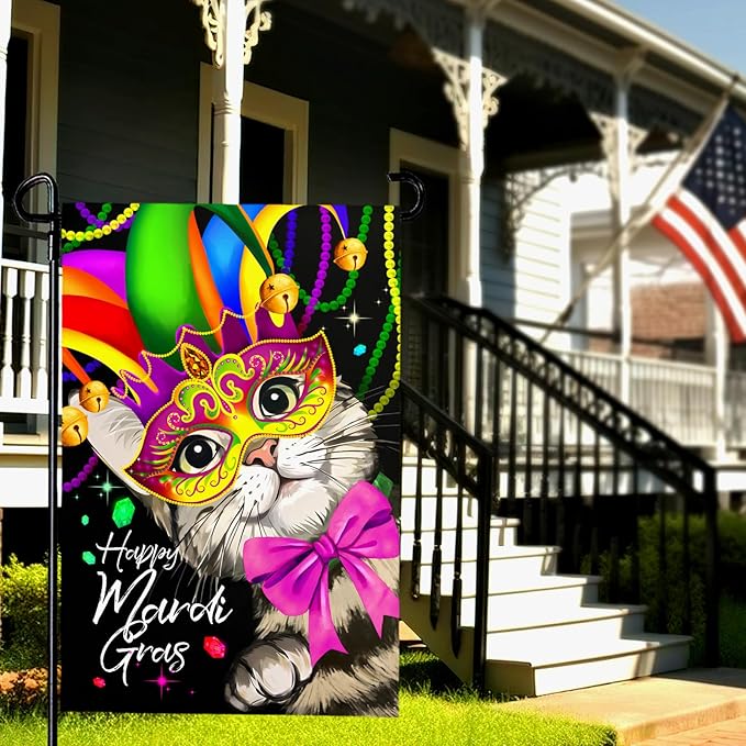 Happy Mardi Gras Garden Flag Masquerade Mask Cat Yard Flags Spring New Orleans Carnival Festival Masquerade Celebration Season Holiday Party Yard Decoration for Outside 12x18 Double Sided