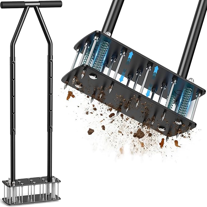 Manual Lawn Aerator Tool - 15 Heavy-Duty Steel Spikes, Ergonomic Padded Handle, Spring-Loaded Auto-Clean Design, Pre-Assembled for Soil Loosening & Lawn Health, Garden/Yard Aeration Tool