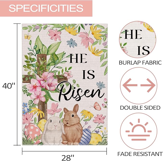 Easter Bunny Flag 28x40 Inch Double Sided Outside, He Is Risen Easter Flag Lamb Flowers Cross Decorations Outdoor Yard Burlap