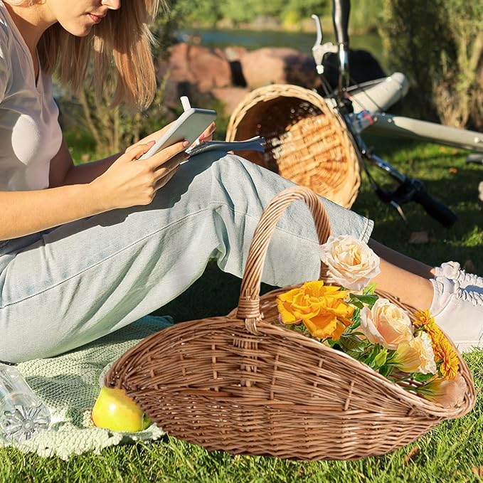 MYCENSE Wicker Picnic Storage Basket with Handle, Empty Picnic Baskets, Sturdy & Versatile Harvest Basket for Camping, Beach, Park, Halloween, E 45x30x30cm