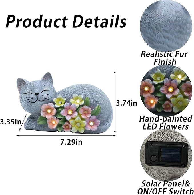 Solar Cat Outdoor Statue, Resin Solar Cat Lights with Flower for Outside, Garden Cats Figurine for Lawn Porch Yard Art - Birthday Gifts for Mom Grandma Women