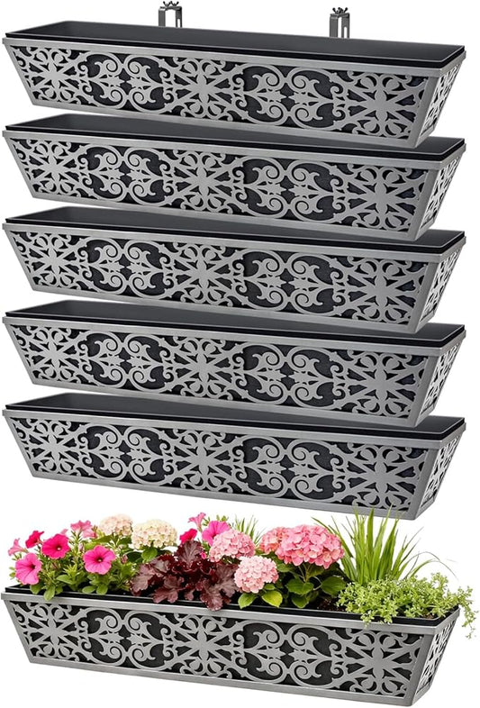 6 Pack 30 Inch Window Boxes Planter for Outdoor Plants Deck Railing Planters Box with Adjustable Brackets for Porch Fence Balcony Hanging Flower Baskets with Non-Woven Fabric Liner for Garden Décor