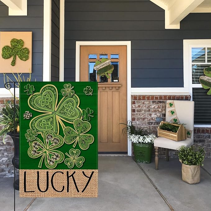 AVOIN colorlife St Patricks Day Garden Flag 12x18 Inch Double Sided Outside, Lucky Shamrock Clover Irish Floral Yard Outdoor Flag