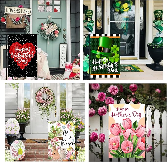 Doncida Seasonal Garden Flag Set of 12 Double Sided 12x18 Inch, Holiday Valentines Day St Patricks Day Garden Flag for Outside, Small Yard Flags for the Entire Year, with Free Anti-Wind Clip and Stopper