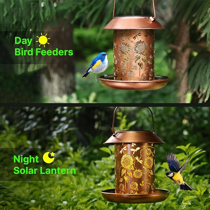 Solar Bird Feeders Outdoors Hanging Solar Lanterns Outdoor Waterproof Metal Wild Bird Feeder Decor Garden Gifts for Women Mom Bird Lovers,Decoration for Yard,Patio,Lawn