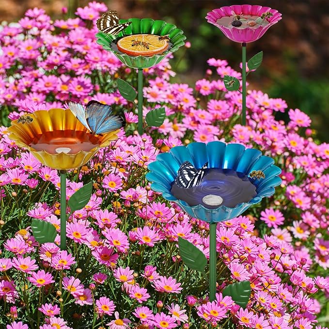 Large Bee Watering Station, 4 Pack Small Bird Bath for Outside, Metal Butterfly Feeders Bowl with 5.32'' Flower Design Bee Bath for Garden Decor