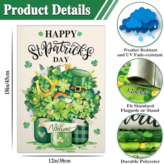St Patrick's Day Garden Flag for Outside 12x18 Inch Double Sided Irish Welcome Garden Flag Green Shamrock Mason Jar Lucky Garden Flags for Outdoor Indoor House Yard Holiday Signs Decorations