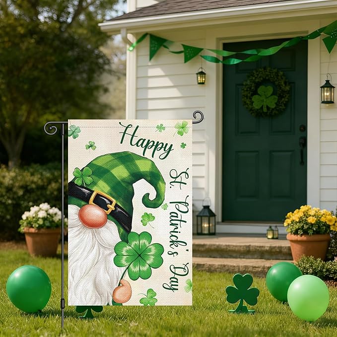 Louise Maelys St Patrick's Day Garden Flag Gnome Shamrock Clover Plaid 12x18 Inch Double Sided Small Burlap Welcome Saint Patricks Spring Holiday Yard Outdoor Sign Outside House Decor