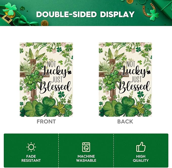 AVOIN colorlife St Patricks Day House Flag 28x40 Inch Double Sided Outside, Not Lucky Just Blessed Shamrocks Clovers Cross Yard Outdoor Flag