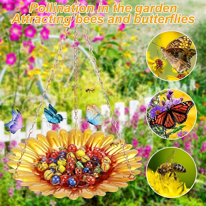 Bee Watering Station,Bee Cups for Garden with Vivid Sun-Flower Design,Multifunctional Hanging Bee Feeder with 40 Glass Beads,Butterfly Feeder,Bird Bath for Garden Yard Decor