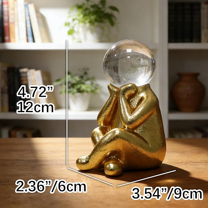 Golden Thinker Statue with Crystal Ball, 4.72” Tall Resin Abstract Figurine, 3.54" L x 2.36" W, Modern Home Decor for Shelf, Desk, Mantel & Office Accent (People)