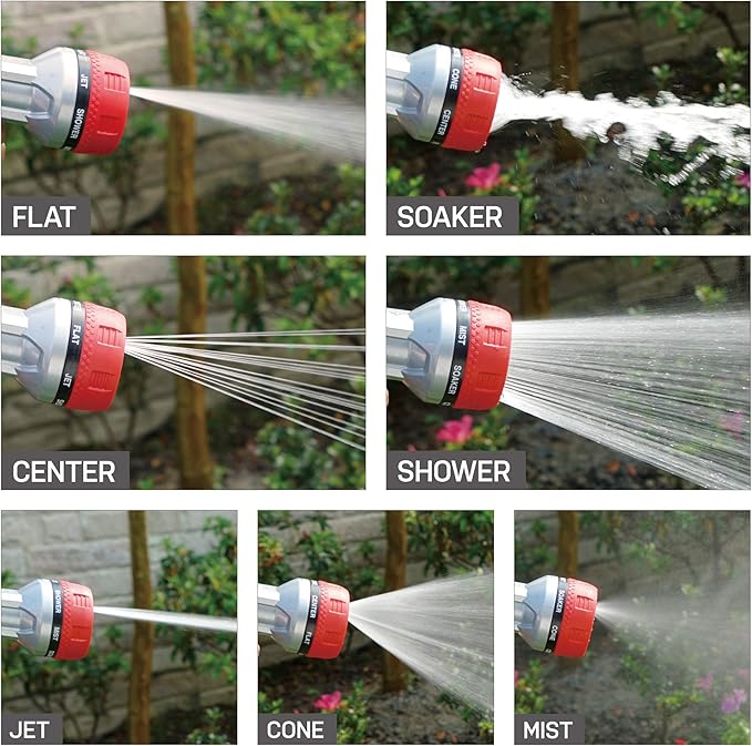Eden 94805 Metal Thumb Control Heavy Duty Garden Hose Nozzle, High Pressure Water Sprayer W/ 7 Adjustable Patterns, W/Quick Connect Set for Plants, Lawn, Garden