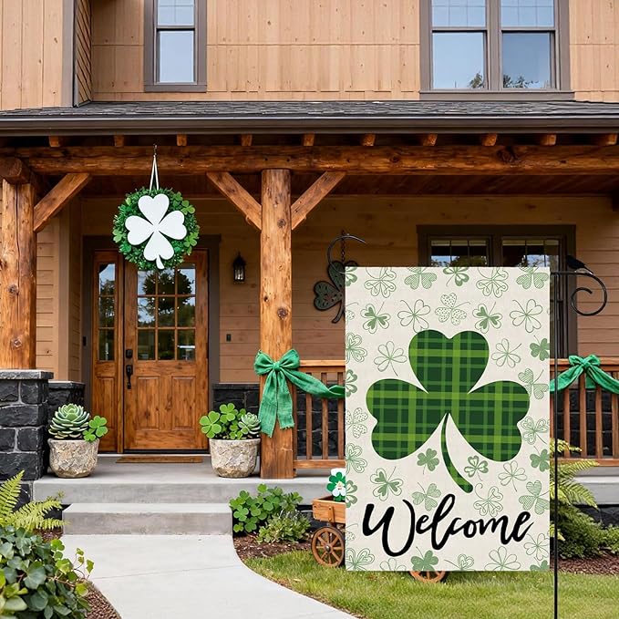 Welcome St. Patrick's Day Green Plaid Shamrocks Clovers Garden Flag Yard Flag 12x18 Inch Double Sided Small Mini Yard Outdoor Outside Holiday Decoration