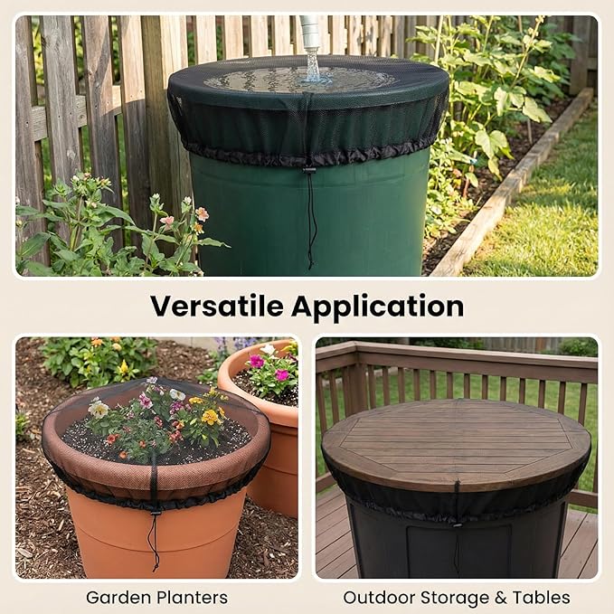 2 PCS 39in Mesh Cover for Rain Barrels, Fine Mesh Filter Screens with Adjustable Drawstring, Reusable Outdoor Garden Rain Barrel Accessories, Effective at Blocking Leaves, Debris (Black)