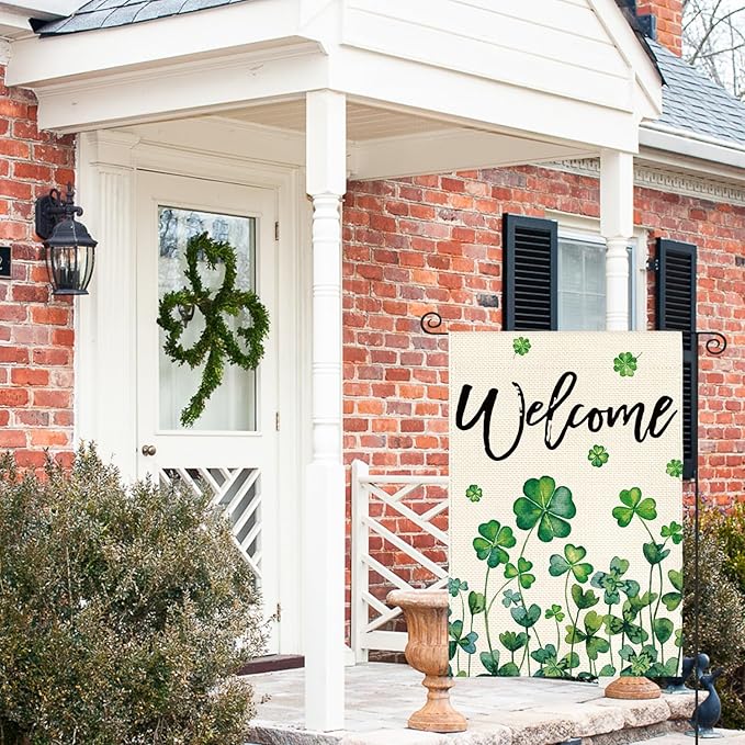AVOIN colorlife St Patricks Day Garden Flag 12x18 Inch Double Sided Outside, Shamrocks Four-leaf Clovers Welcome Yard Outdoor Flag