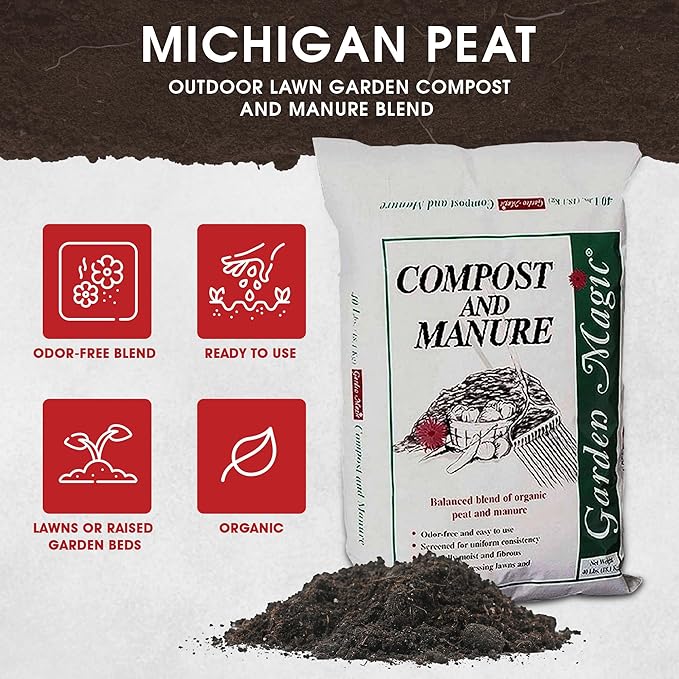 Michigan Peat 10-Pack Compost & Manure Blend, Garden Magic Mix w/Odor-Free Blend, 40 Lbs - Outdoor Lawn and Gardening Mixture with Nutrients and Minerals for Soil Potting and Planting