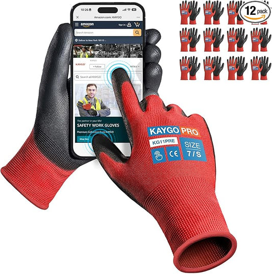 KAYGO Work Gloves PU Coated for Men and Women, 12 Pairs Safety Work Gloves with Two Fingers Touchscreen, Breathable and Lightweight,Ideal for Light Warehouse, Manufacturing, Gardening, KG11P (S, Red)