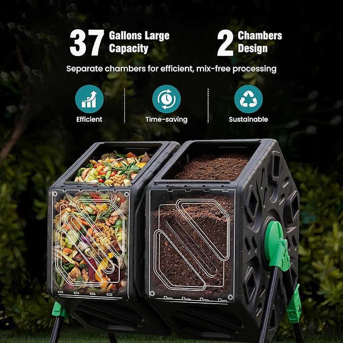 OLIXIS Compost Bin Outdoor 37 Gallon, Separated Dual Chamber Composter Tumbler Outdoor with Gloves, Efficient 360°Rotating Composting Bin for Patio, Lawn, Home Gardening and Landscape, Green