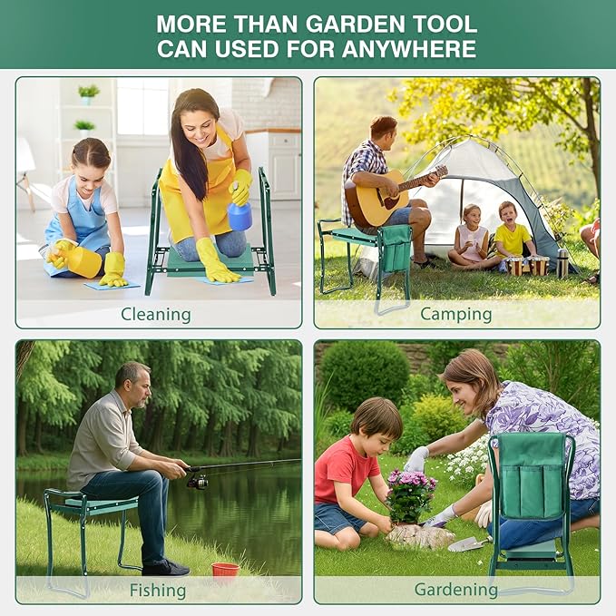 VINGLI 24in Foldable Garden Kneeler and Seat with Tool Pouch, 2-in-1 Function Portable Thicken Soft Kneeling Pad Garden Stool for Backyard, Green, Gifts for Garden Enthusiasts