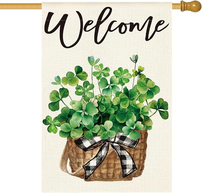 AVOIN colorlife St Patricks Day House Flag 28x40 Inch Double Sided Outside, Lucky Shamrocks Clovers Welcome Yard Outdoor Decoration