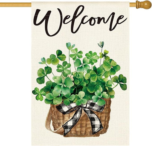 AVOIN colorlife St Patricks Day House Flag 28x40 Inch Double Sided Outside, Lucky Shamrocks Clovers Welcome Yard Outdoor Decoration
