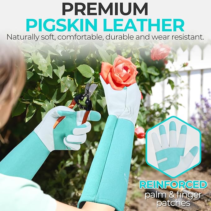 HANDLANDY Long Gardening Gloves for Men & Women, Thorn Proof Rose Pruning Gloves Leather Gauntlets Garden Glove Yard Work Glove (Teal Green, Small)