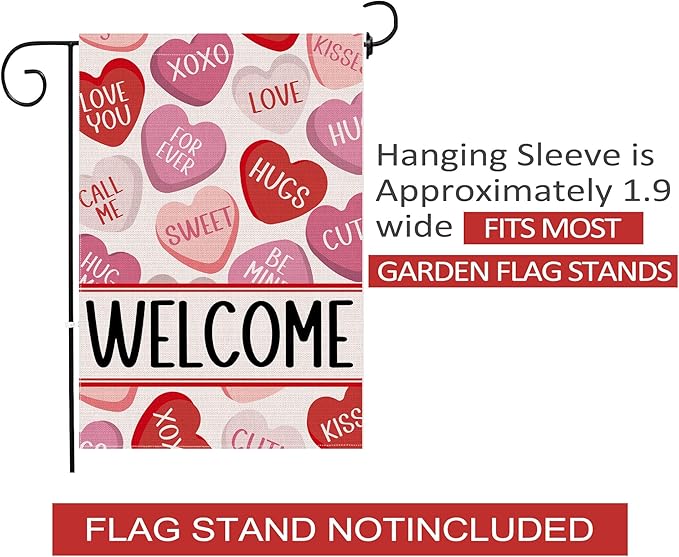 Valentines Day Garden Flag 12x18 Inch Double Sided, Love Hearts Welcome Valentine Decorations Burlap Garden Flags Rustic Anniversary Yard Outdoor Farmhouse Outside