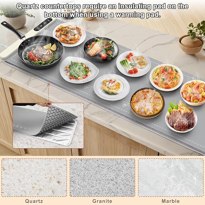 FYY Extra Long Warming Mat for Food - Rapid and Full Surface Heating, 6 Temp Settings, 6H Timer, Rollable Portable Food Warming Mat for Gatherings, Parties, Keep Meal Warm (XXX Large Size, Gray)