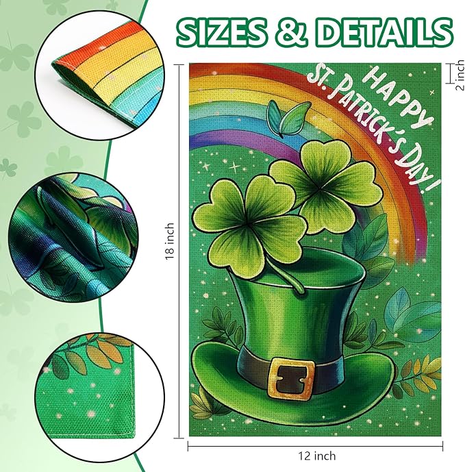 Happy St Patricks Day Garden Flag 12x18 Inch, Green Hat with Four-leaf Clover Double Sided Flag for Yard Outdoor Decoration