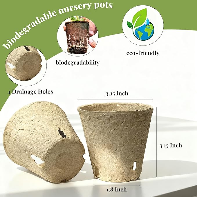 40 Pack Biodegradable Peat Pots with Drainage Holes – 3.15 Inch Organic Seed Starter Pots for Seedlings – Garden Germination Nursery Pots for Vegetables, Herbs & Flowers