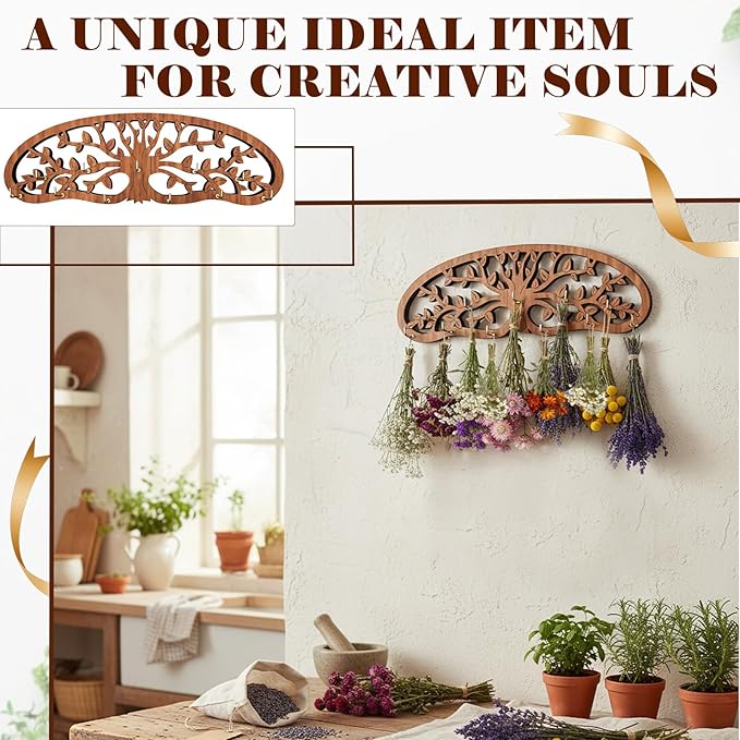 Herb Drying Rack - Wall Mounted, Tree of Life Wooden Hanging Holder for Kitchen Witch Decor, Apothecary Decor & Herbalist Supplies, Rustic Wall Art for Kitchen, Garden