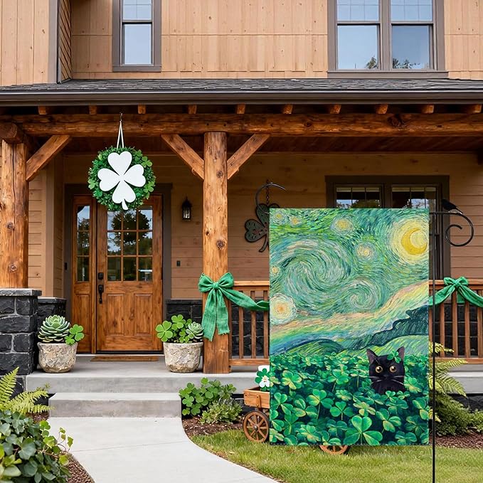 Shamrocks Clovers Cat Oil Painting Starry Night Sky Moon St. Patrick's Day Garden Flag 12x18 Inch Double Sided Small Mini Yard Flag Outdoor Outside Holiday Party Decoration