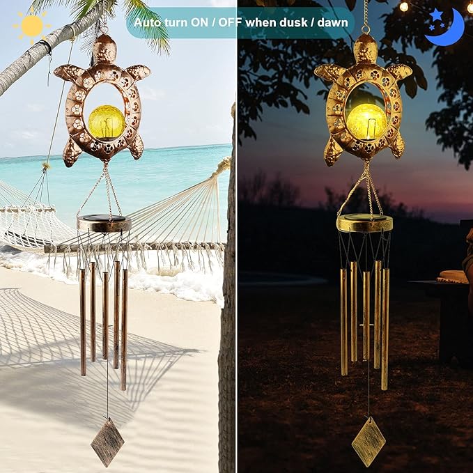 Solar Turtle Wind Chimes, Tortoise WindChimes, Light Windchime Outdoor, Moon Shape Light Outdoor,Garden Decor, Yard Decor, Gifts for Women, mom, Grandma